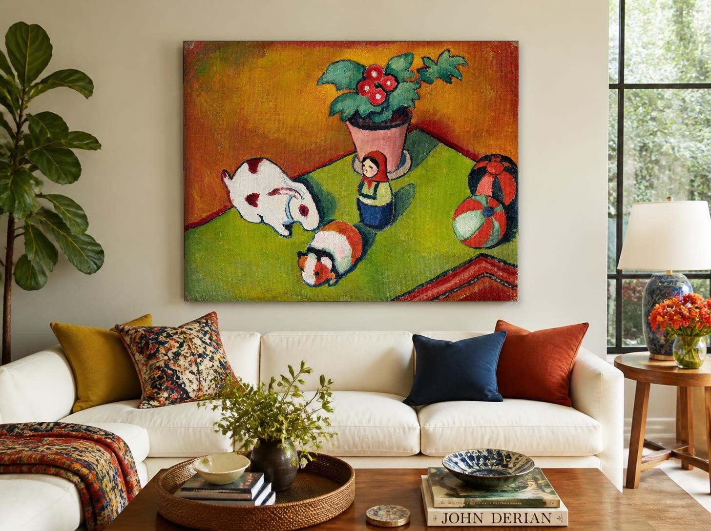 CAS1479-1 Speelgoed Stilleven (naar August Macke), Bloemen & Stilleven schilderij aan de muur in interieur