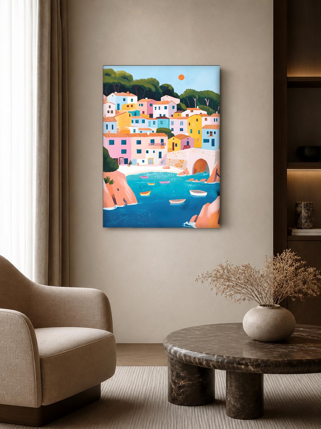 CAS1719-1 Kleurrijk Kustdorp aan Zee, Natuur & Landschap schilderij aan de muur in interieur