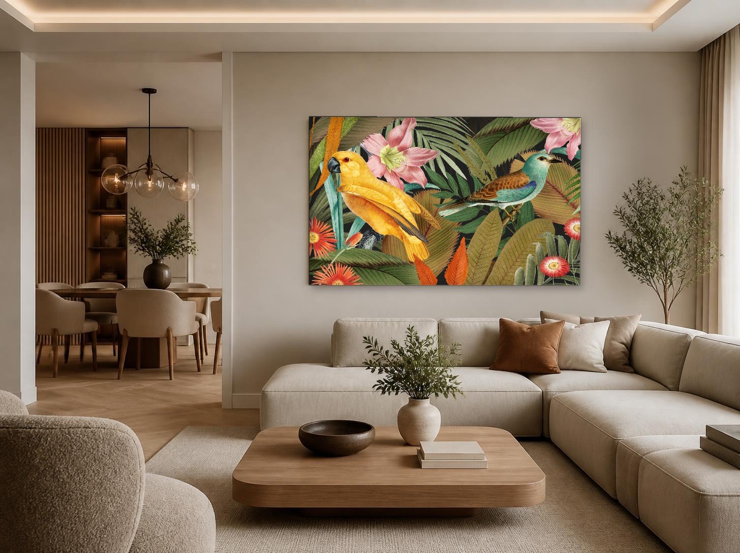 CAS1844-1 Tropische vogels in weelderig gebladerte, Dieren schilderij aan de muur in interieur