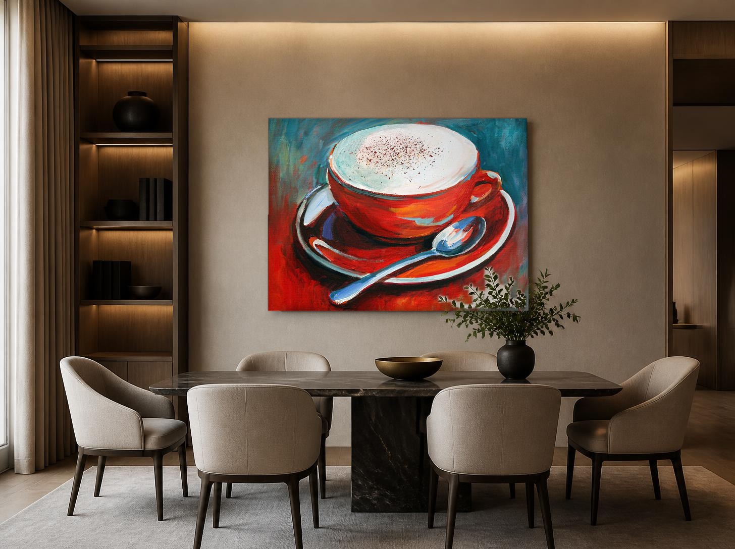 CAS258-1 Cappuccino in rode kop, Bloemen & Stilleven schilderij aan de muur in interieur