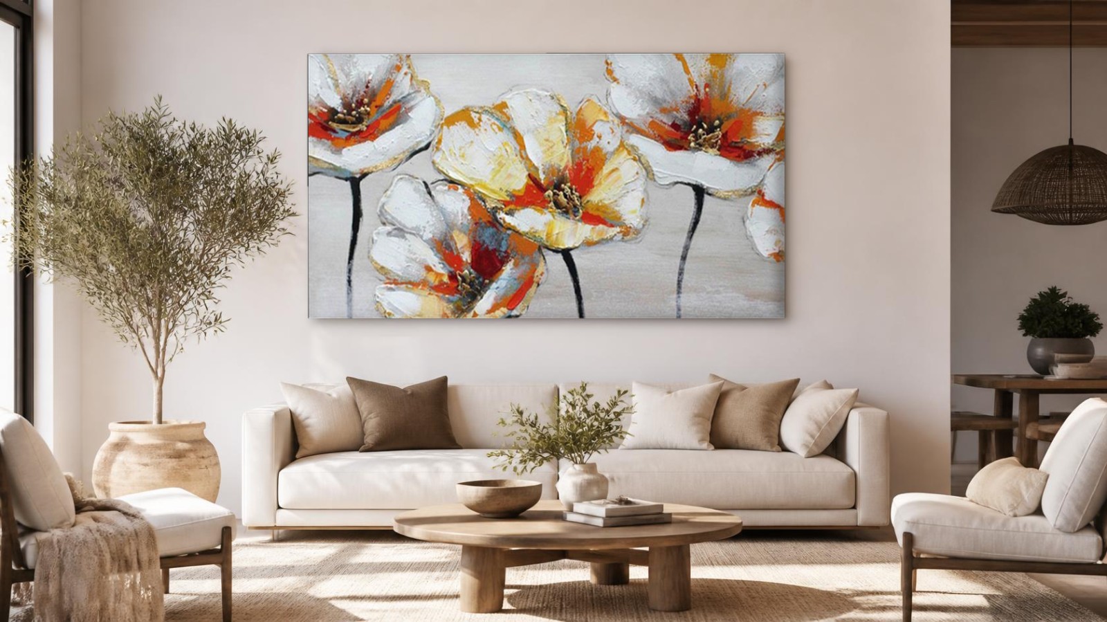 Witte Klaprozen met Goudaccent, Bloemen & Stilleven schilderij aan de muur in interieur