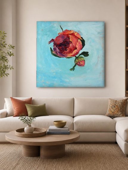 Pioenroos in bloei, Bloemen & Stilleven schilderij aan de muur in interieur