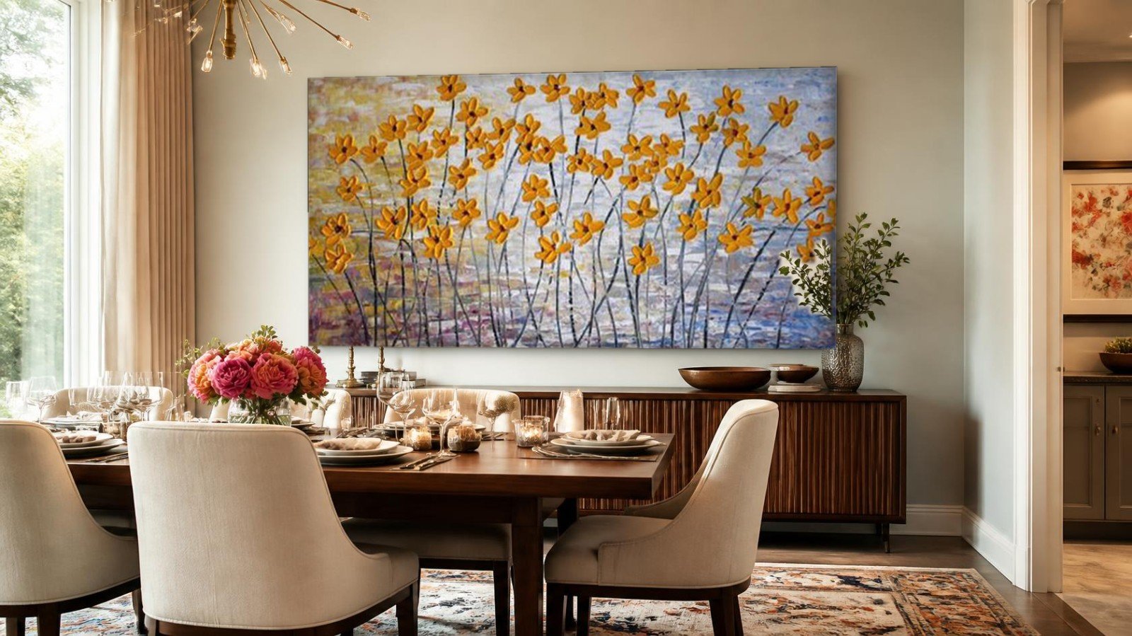 Zonnige Veldbloemen, Bloemen & Stilleven schilderij aan de muur in interieur