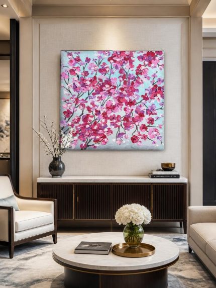 Kersenbloesem in bloei, Bloemen & Stilleven schilderij aan de muur in interieur
