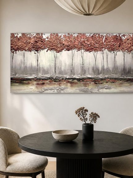 Koperen Bomenrij aan het Water, Natuur & Landschap schilderij aan de muur in interieur