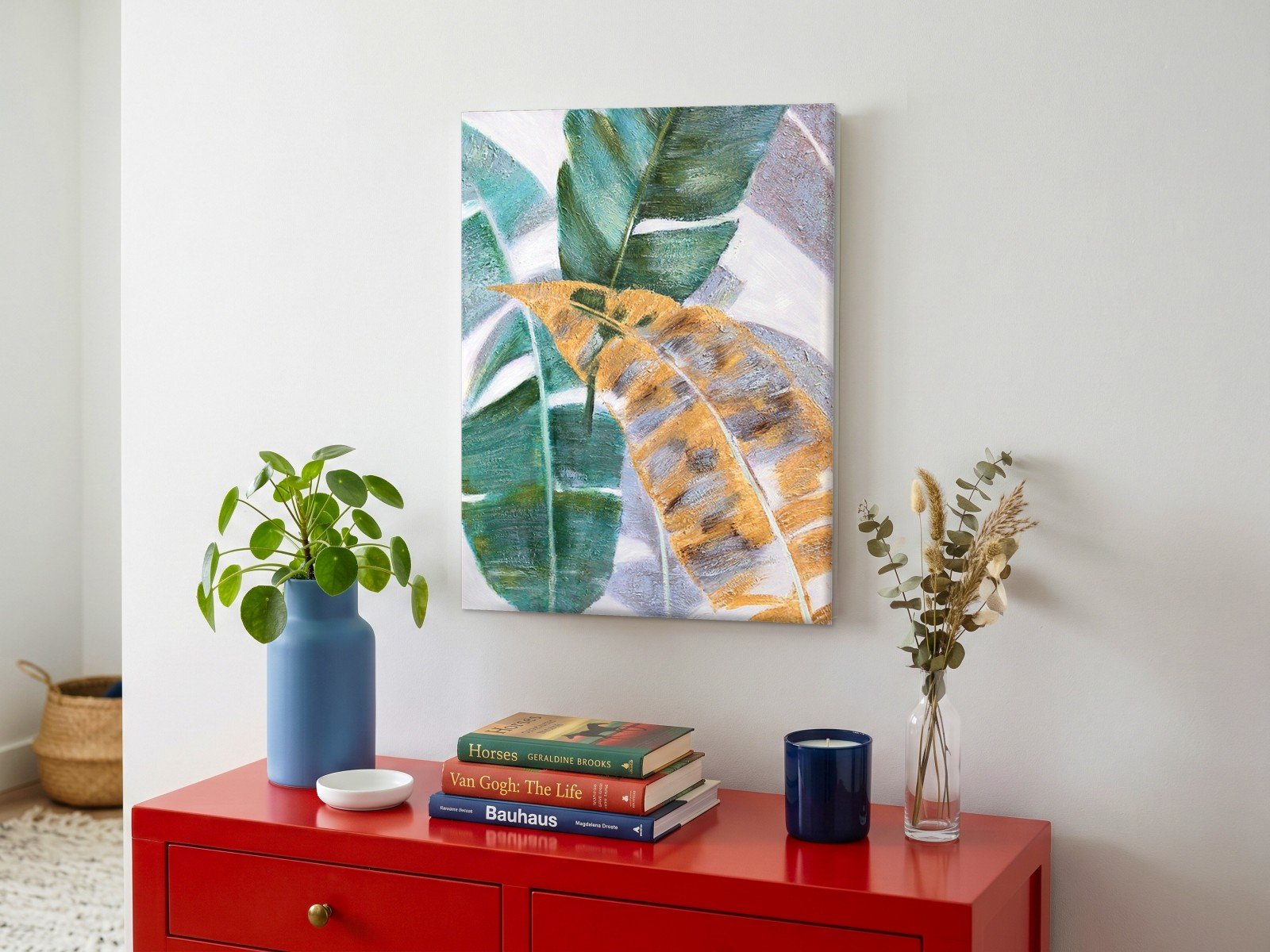 Tropische Bladeren in Groen en Goud, Bloemen & Stilleven schilderij aan de muur in interieur