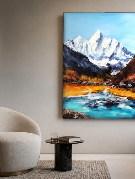 Besneeuwde bergtop bij turquoise rivier, Natuur & Landschap schilderij aan de muur in interieur