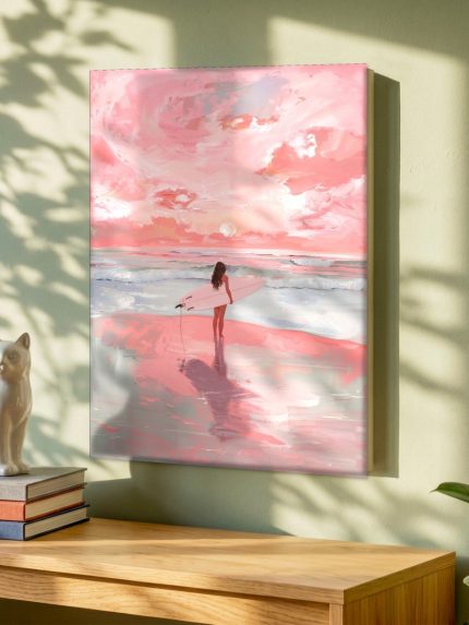 Surfster bij Roze Zonsondergang, Natuur & Landschap schilderij aan de muur in interieur