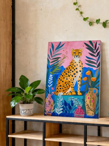 Jachtluipaard in kleurrijk tuinparadijs, Dieren schilderij aan de muur in interieur