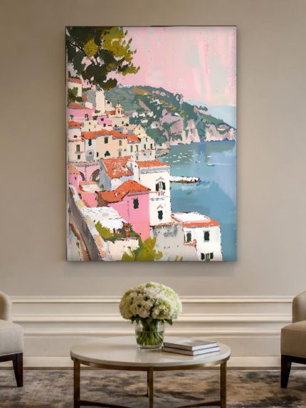 Pastelkleurig Kustdorp aan Zee, Natuur & Landschap schilderij aan de muur in interieur