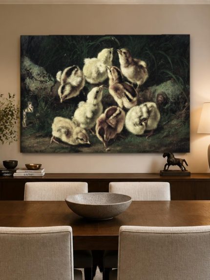 Kuikens Bijeen in het Gras, Dieren schilderij aan de muur in interieur