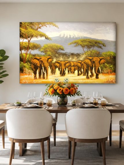 Olifantenkudde bij de Kilimanjaro, Dieren schilderij aan de muur in interieur