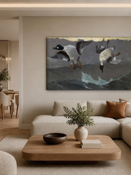 Brilduikers boven de golven (naar Liljefors), Dieren schilderij aan de muur in interieur