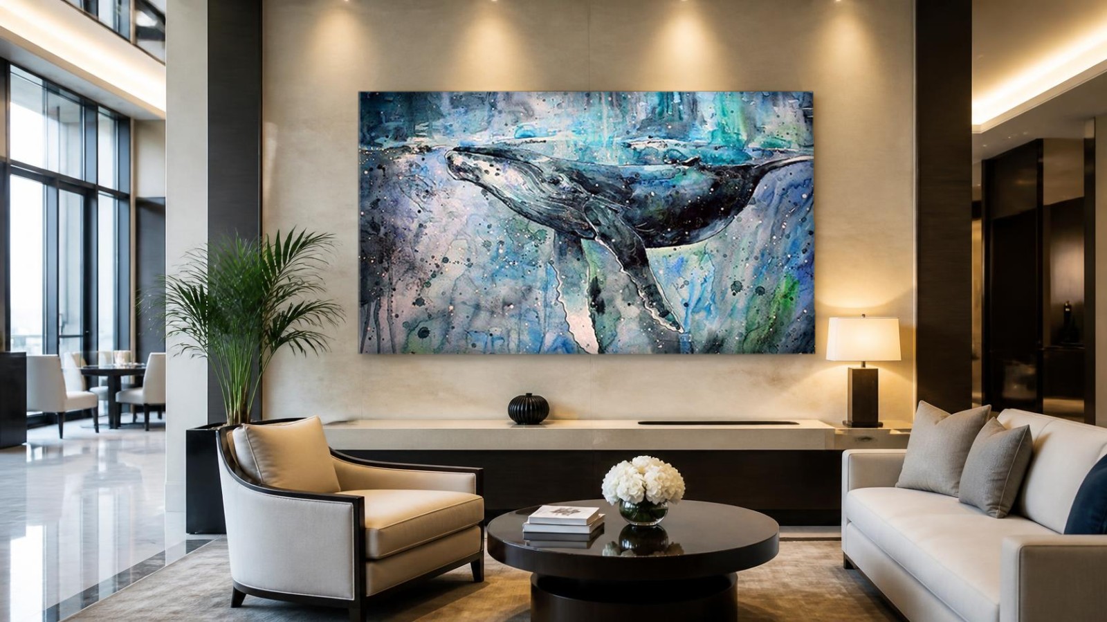 Walvis in Diepblauw Water, Dieren schilderij aan de muur in interieur