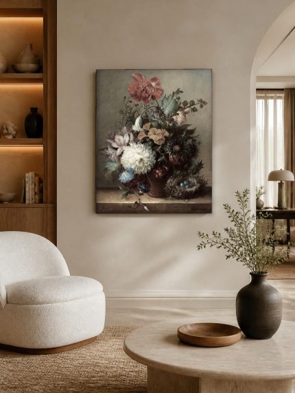 Boeket met Vogelnest (naar Jan van Os), Bloemen & Stilleven schilderij aan de muur in interieur