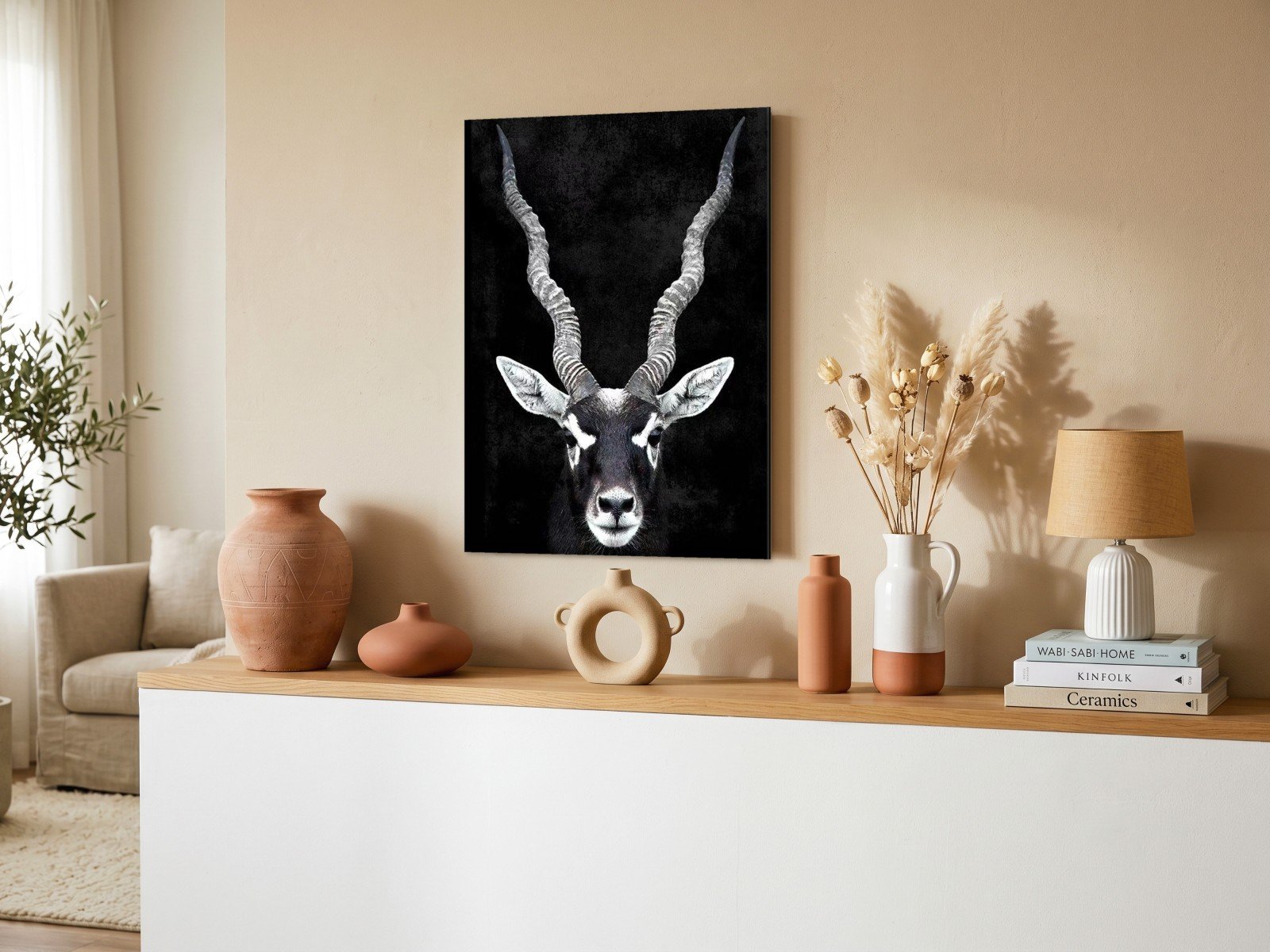 Antilope in zwart-wit, Dieren schilderij aan de muur in interieur