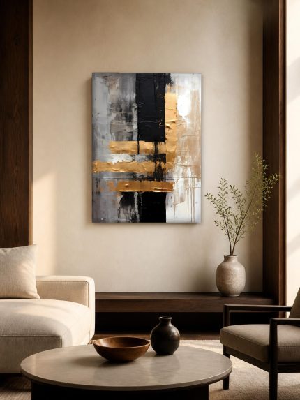 Gouden Blokken in Zwart, Abstract & Modern schilderij aan de muur in interieur