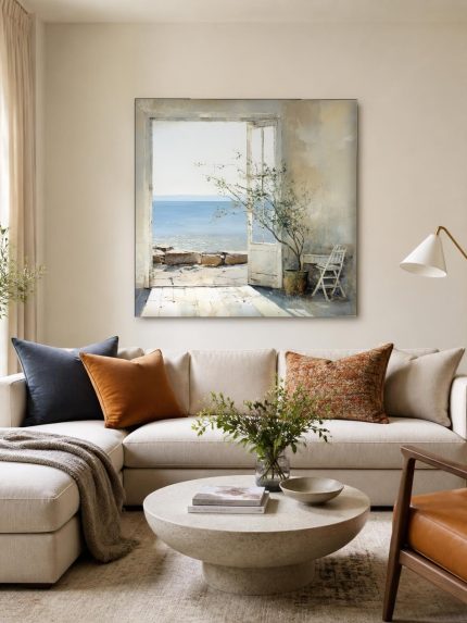 Open deur naar zee, Natuur & Landschap schilderij aan de muur in interieur
