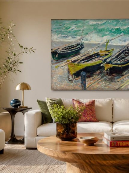 Drie Vissersboten (naar Monet), Natuur & Landschap schilderij aan de muur in interieur