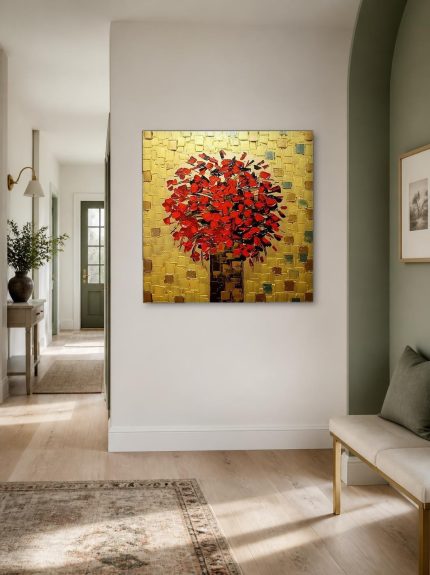 Rood Boeket op Goudmozaïek, Bloemen & Stilleven schilderij aan de muur in interieur