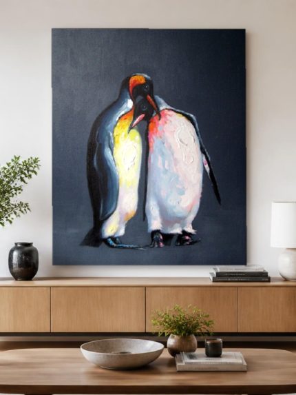 Innig pinguïnpaar, Dieren schilderij aan de muur in interieur