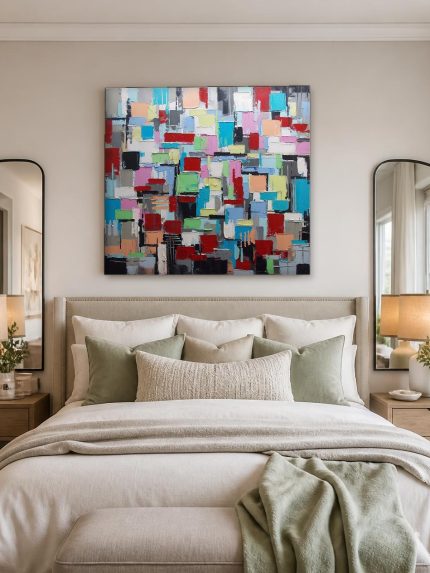 Kleurmozaïek in Beweging, Abstract & Modern schilderij aan de muur in interieur