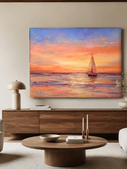 Zeilboot in Gloeiend Avondlicht, Natuur & Landschap schilderij aan de muur in interieur
