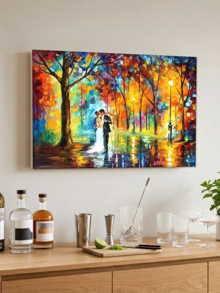 Omhelzing in de Herfstregen, Mensen & Portretten schilderij aan de muur in interieur