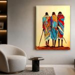 Masaikrijgers in Kleurrijke Gewaden, Mensen & Portretten schilderij aan de muur in interieur