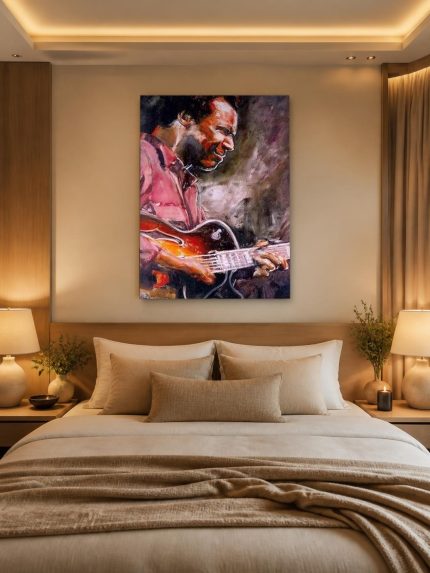 Gitarist in Vuur en Schaduw, Mensen & Portretten schilderij aan de muur in interieur