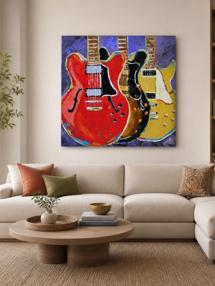 Drie gitaren in kleur, Mensen & Portretten schilderij aan de muur in interieur