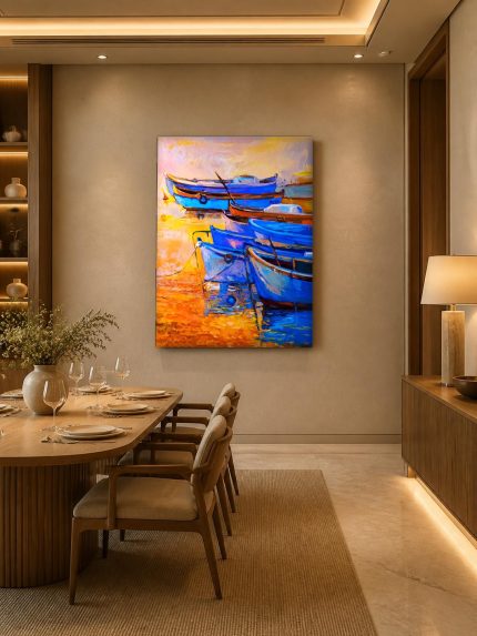 Blauwe vissersboten in gouden licht, Natuur & Landschap schilderij aan de muur in interieur