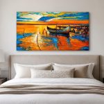 Boten bij Zonsondergang, Natuur & Landschap schilderij aan de muur in interieur