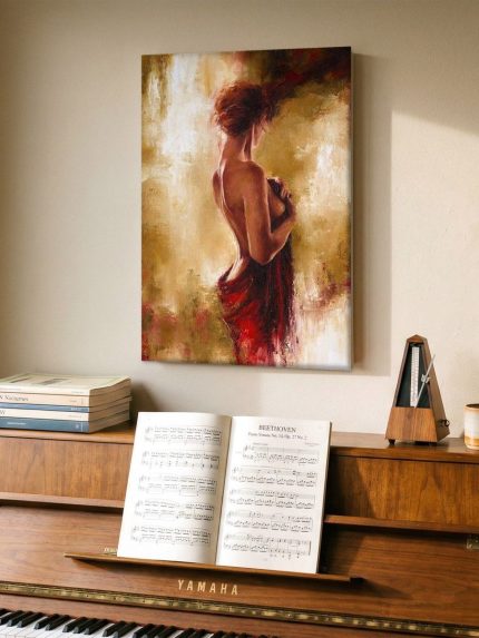Gehuld in Rood, Mensen & Portretten schilderij aan de muur in interieur